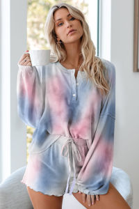 Womens Tie Dye Printed Ruffle Short Pajamas Set Long Sleeve Tops and Shorts PJ Set Loungewear Nightwear Sleepwear