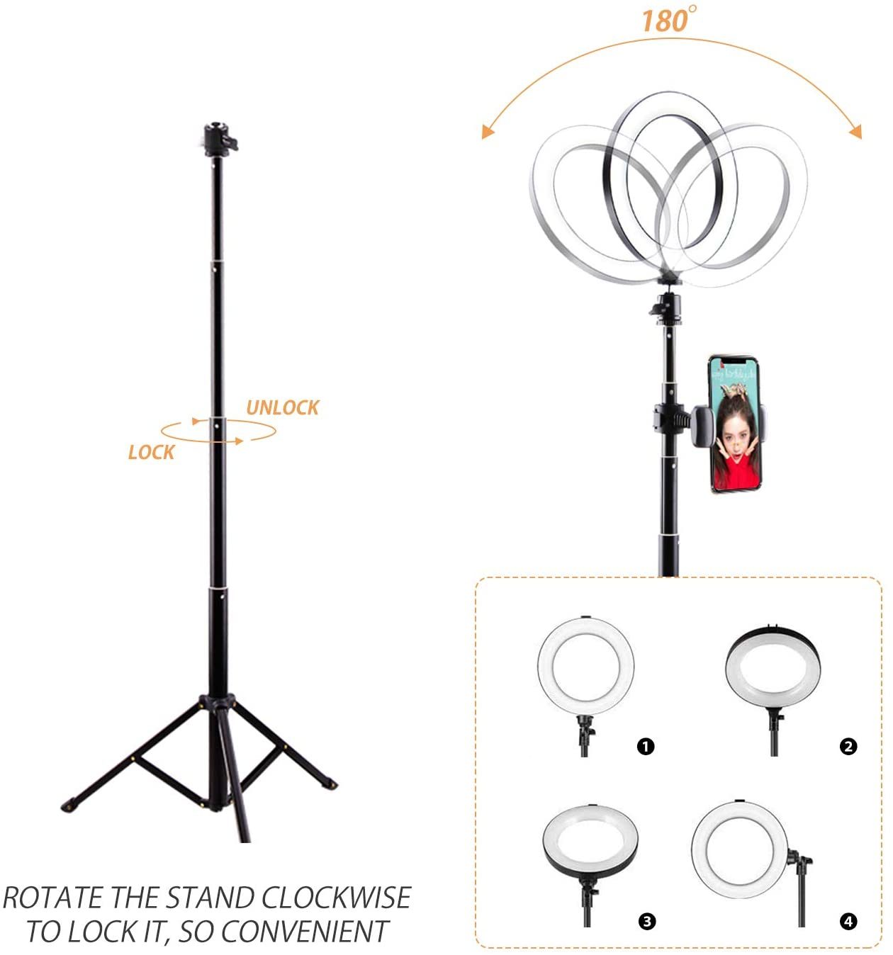 8 Inches Selfie Ring Light with Stick Tripod Stand and Phone Holder for Live Stream, Makeup, Dimmable Led Camera Beauty Ringlight for YouTube Video Photography Compatible with iPhone or Android
